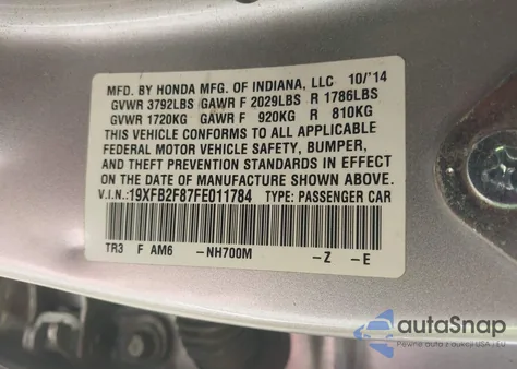 2015 Honda Civic Ex из США, поврежденный, VIN 19XFB2F87FE011784